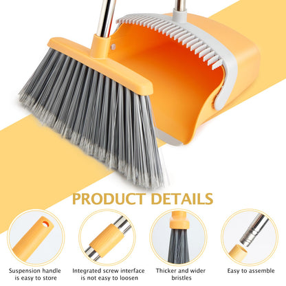 Broom and Dustpan Set with Long Handle, Light Weight Stainless Steel Poles Stand Upright Dustpans with Broom Combo for Home Kitchen Office Pet Dog Hair, Brown & Beige Color, 1-Pack