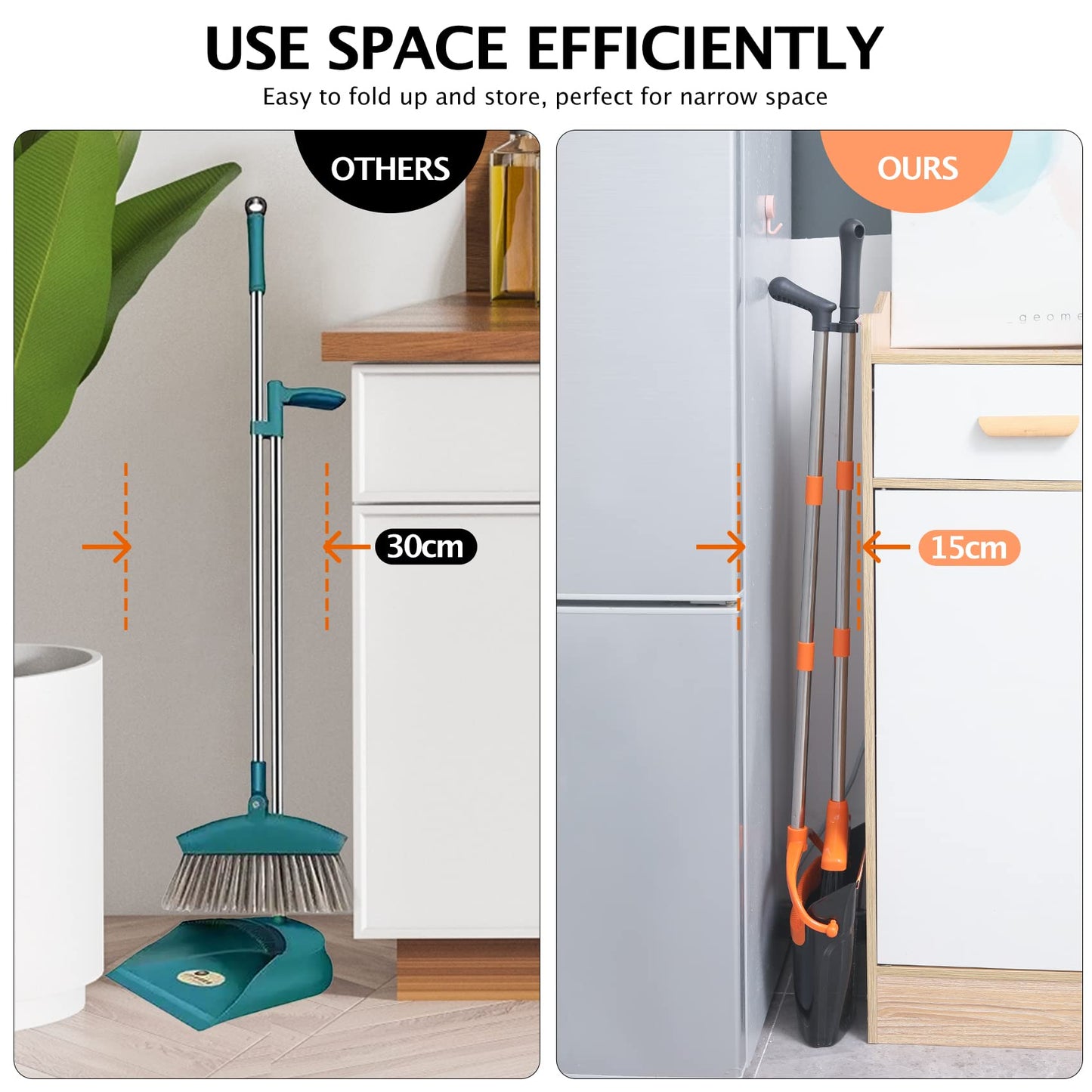 Broom and Dustpan Set with Long Handle, Light Weight Stainless Steel Poles Stand Upright Dustpans with Broom Combo for Home Kitchen Office Pet Dog Hair, Brown & Beige Color, 1-Pack