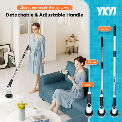 YKYI Electric Spin Scrubber,Cordless Cleaning Brush,Shower Cleaning Brush with 8 Replaceable Brush Heads, Power Scrubber 3 Adjustable Speeds,Adjustable & Detachable Long Handle,Voice Broadcast