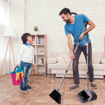 Broom and Dustpan Set with Long Handle, Light Weight Stainless Steel Poles Stand Upright Dustpans with Broom Combo for Home Kitchen Office Pet Dog Hair, Brown & Beige Color, 1-Pack