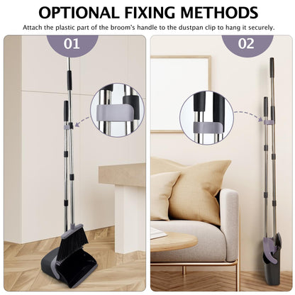 Broom and Dustpan Set with Long Handle, Light Weight Stainless Steel Poles Stand Upright Dustpans with Broom Combo for Home Kitchen Office Pet Dog Hair, Brown & Beige Color, 1-Pack