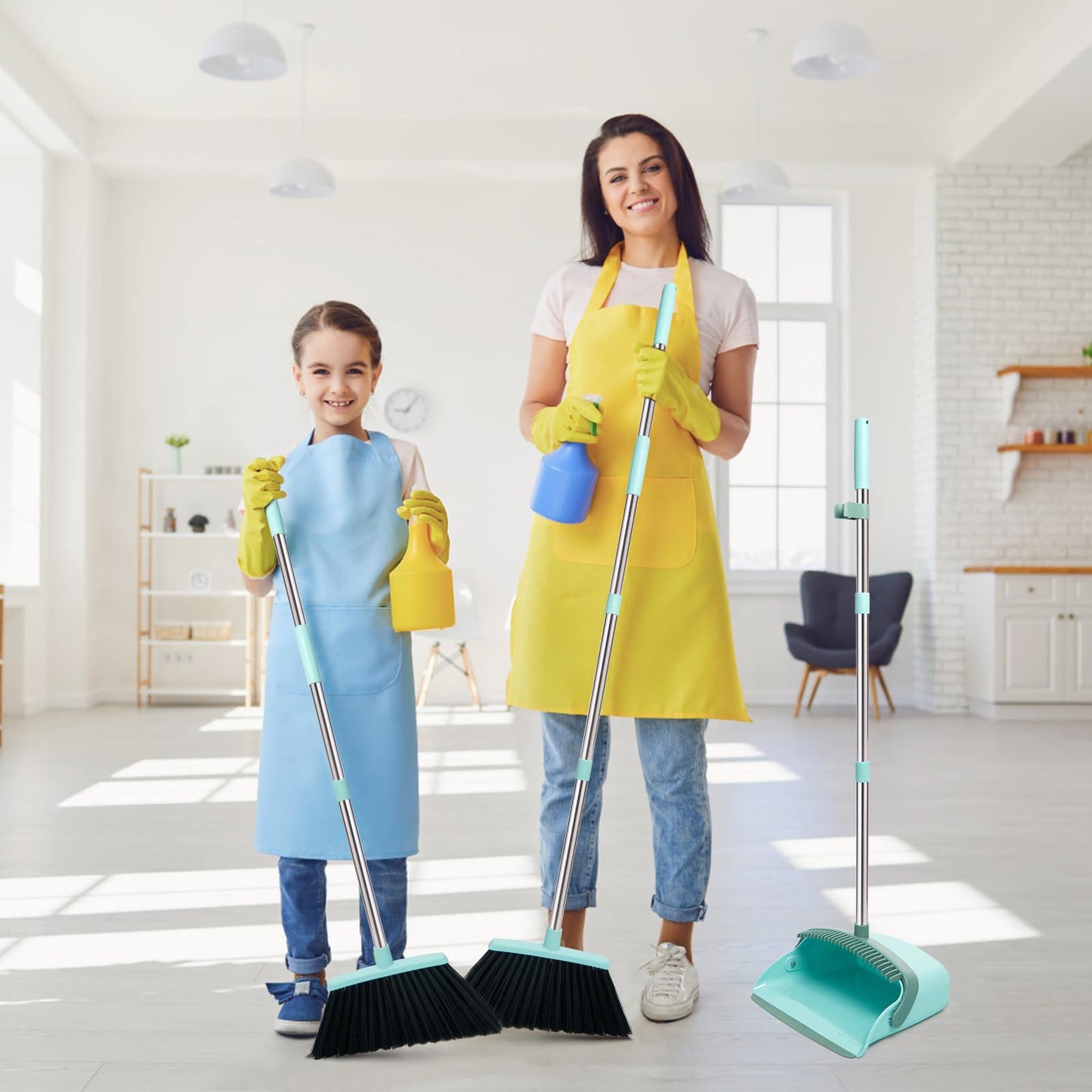 Broom and Dustpan Set with Long Handle, Light Weight Stainless Steel Poles Stand Upright Dustpans with Broom Combo for Home Kitchen Office Pet Dog Hair, Brown & Beige Color, 1-Pack