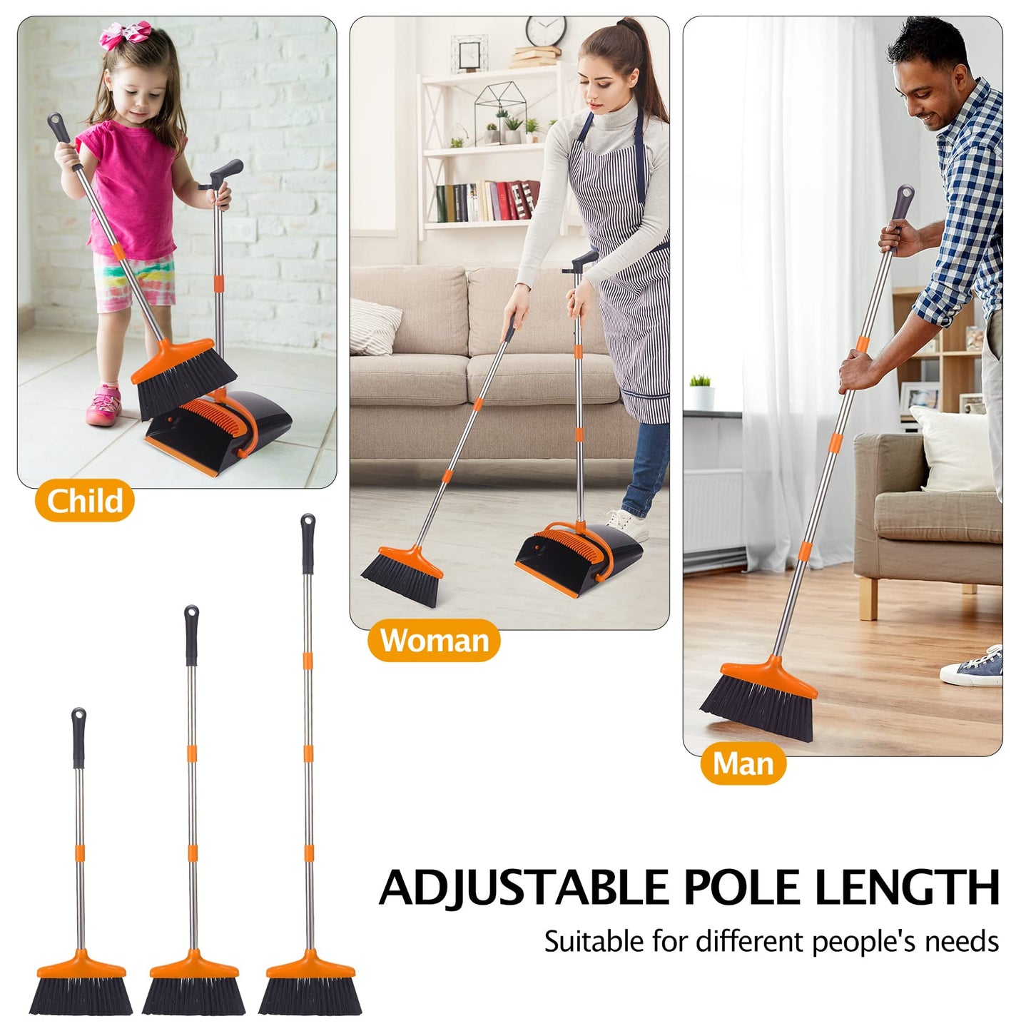 Broom and Dustpan Set with Long Handle, Light Weight Stainless Steel Poles Stand Upright Dustpans with Broom Combo for Home Kitchen Office Pet Dog Hair, Brown & Beige Color, 1-Pack