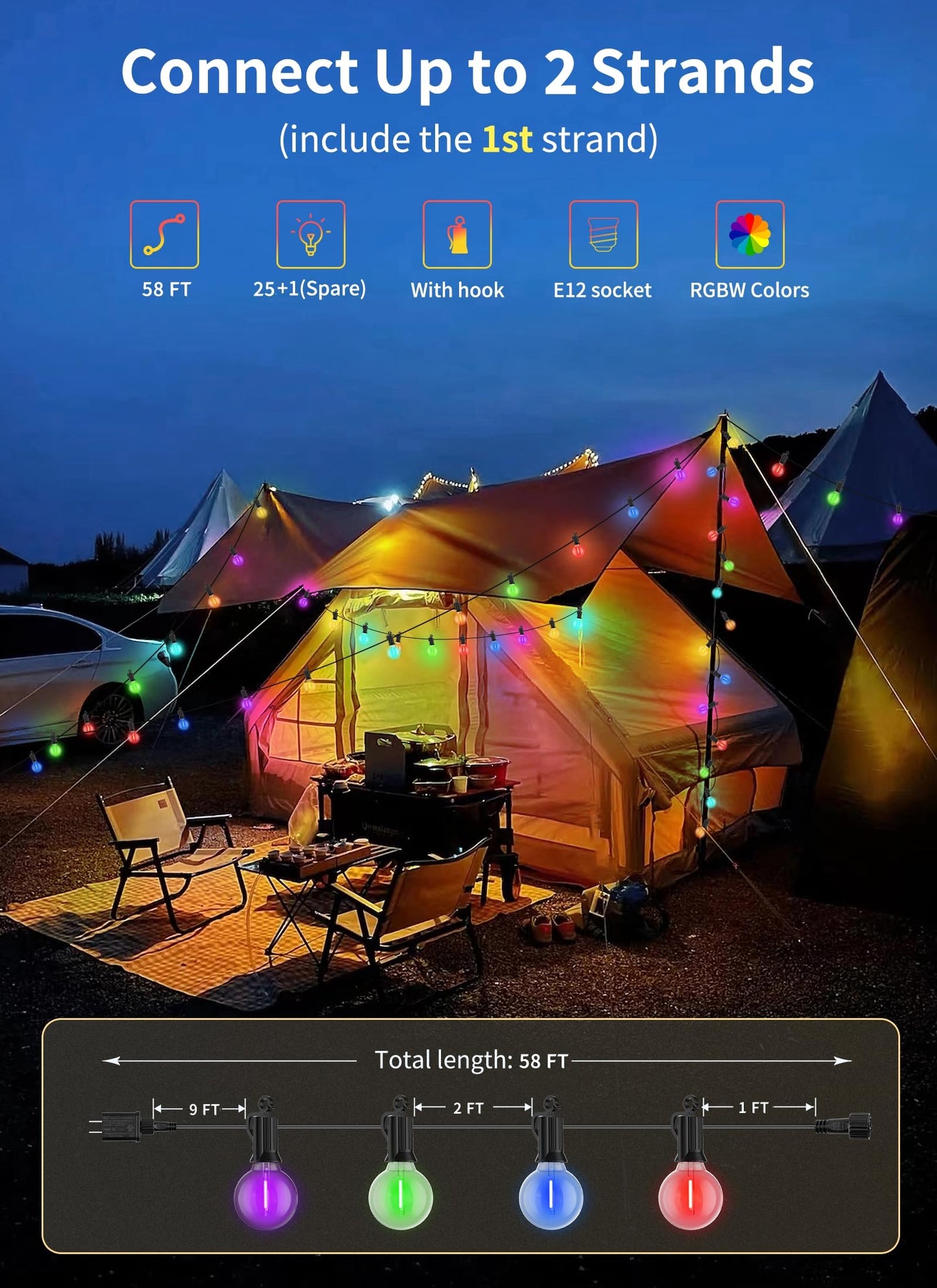 Outdoor String Lights 25 Feet G40 LED Patio Lights, Plug-in, 13 Plastic Edison Bulbs(1 Spare), Waterproof Connectable Hanging Light for Backyard Porch Balcony Party Decor, E12 Base, Black