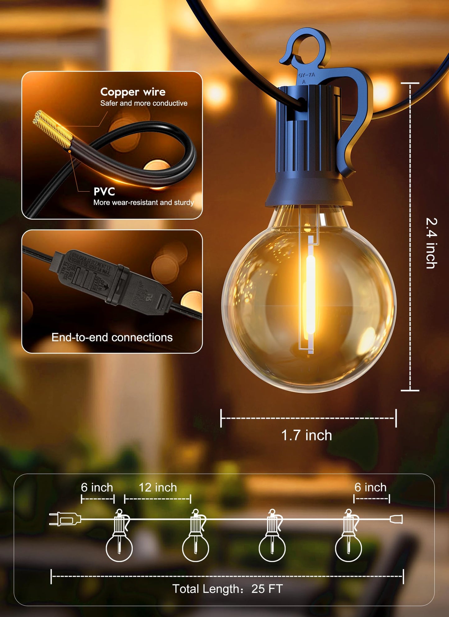 Outdoor String Lights 25 Feet G40 LED Patio Lights, Plug-in, 13 Plastic Edison Bulbs(1 Spare), Waterproof Connectable Hanging Light for Backyard Porch Balcony Party Decor, E12 Base, Black