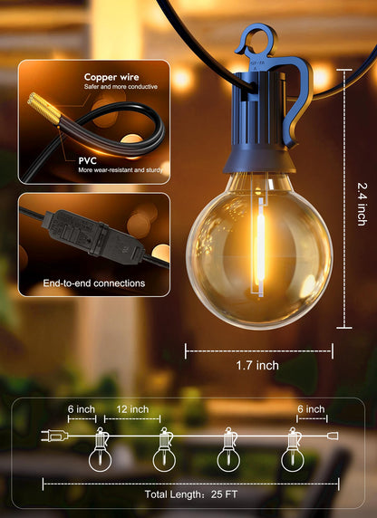 Outdoor String Lights 25 Feet G40 LED Patio Lights, Plug-in, 13 Plastic Edison Bulbs(1 Spare), Waterproof Connectable Hanging Light for Backyard Porch Balcony Party Decor, E12 Base, Black