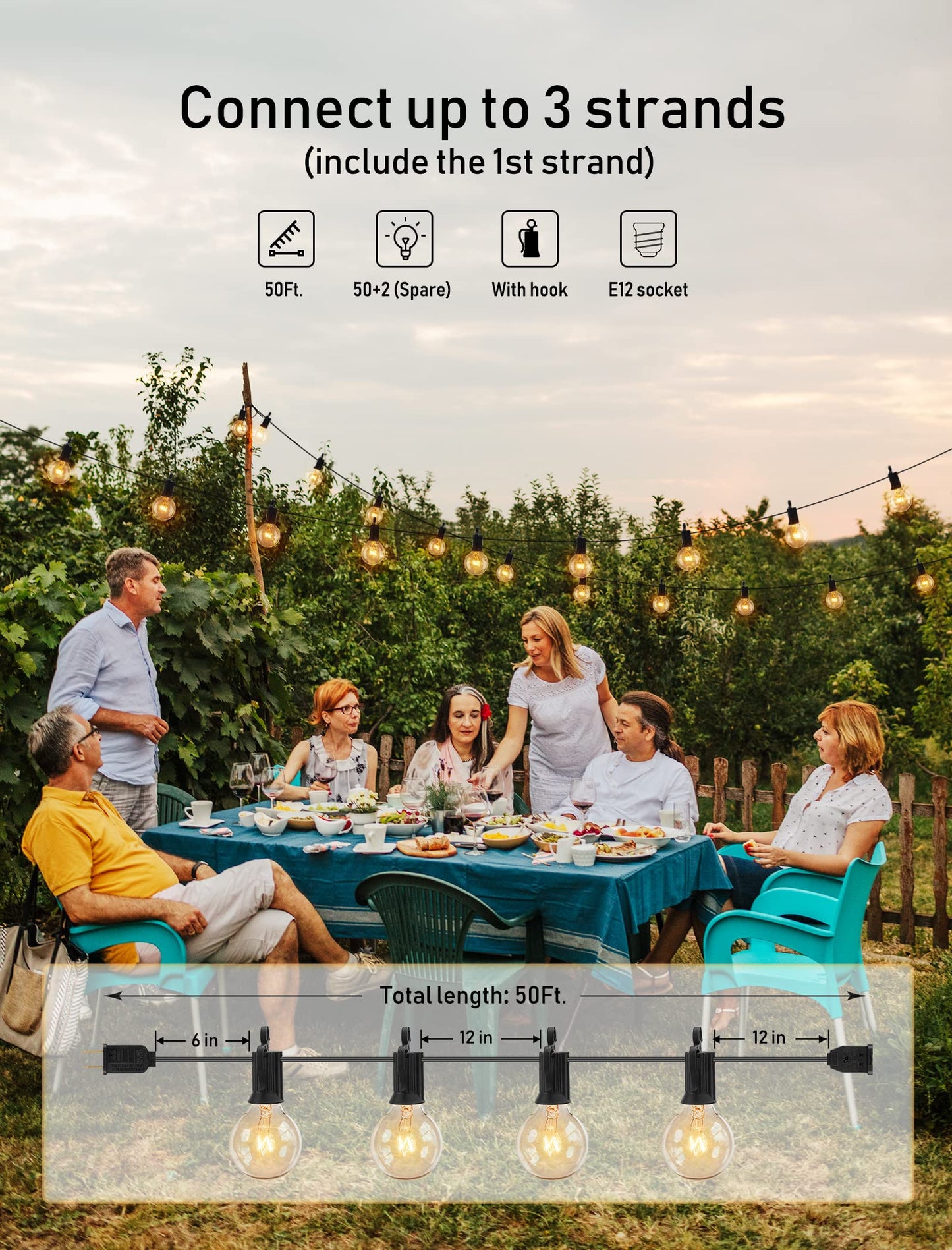 Outdoor String Lights 25 Feet G40 LED Patio Lights, Plug-in, 13 Plastic Edison Bulbs(1 Spare), Waterproof Connectable Hanging Light for Backyard Porch Balcony Party Decor, E12 Base, Black