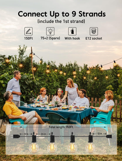 Outdoor String Lights 25 Feet G40 LED Patio Lights, Plug-in, 13 Plastic Edison Bulbs(1 Spare), Waterproof Connectable Hanging Light for Backyard Porch Balcony Party Decor, E12 Base, Black