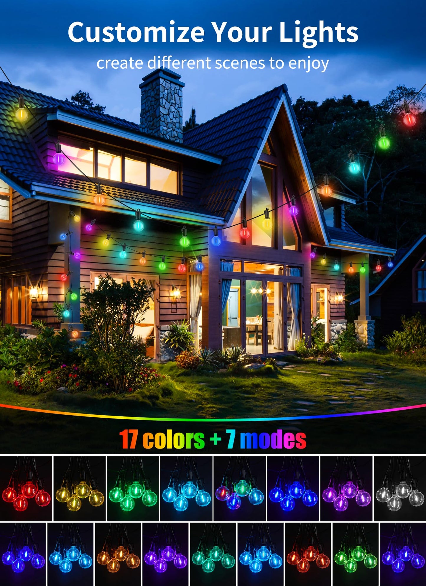 Outdoor String Lights 25 Feet G40 LED Patio Lights, Plug-in, 13 Plastic Edison Bulbs(1 Spare), Waterproof Connectable Hanging Light for Backyard Porch Balcony Party Decor, E12 Base, Black
