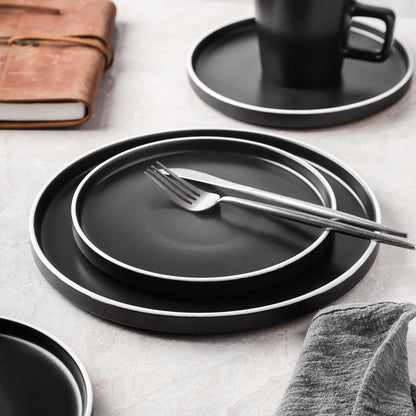 Stone Lain Celina Stoneware 16 Piece Dinnerware Set, Plates and Bowls, Black Matte Dish, Service for 4 – Minimalist Round Style, Microwave & Dishwasher Safe