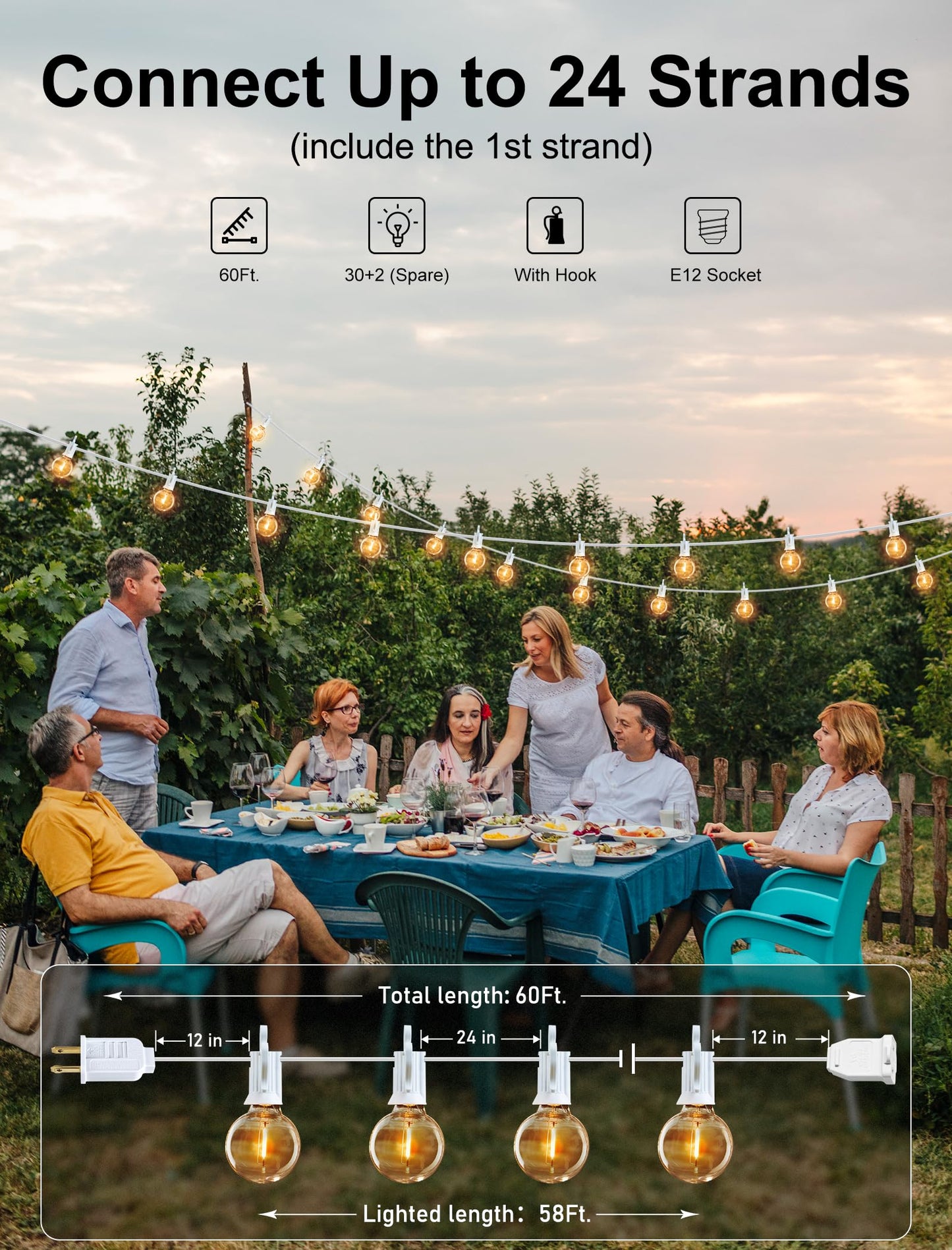 Outdoor String Lights 25 Feet G40 LED Patio Lights, Plug-in, 13 Plastic Edison Bulbs(1 Spare), Waterproof Connectable Hanging Light for Backyard Porch Balcony Party Decor, E12 Base, Black