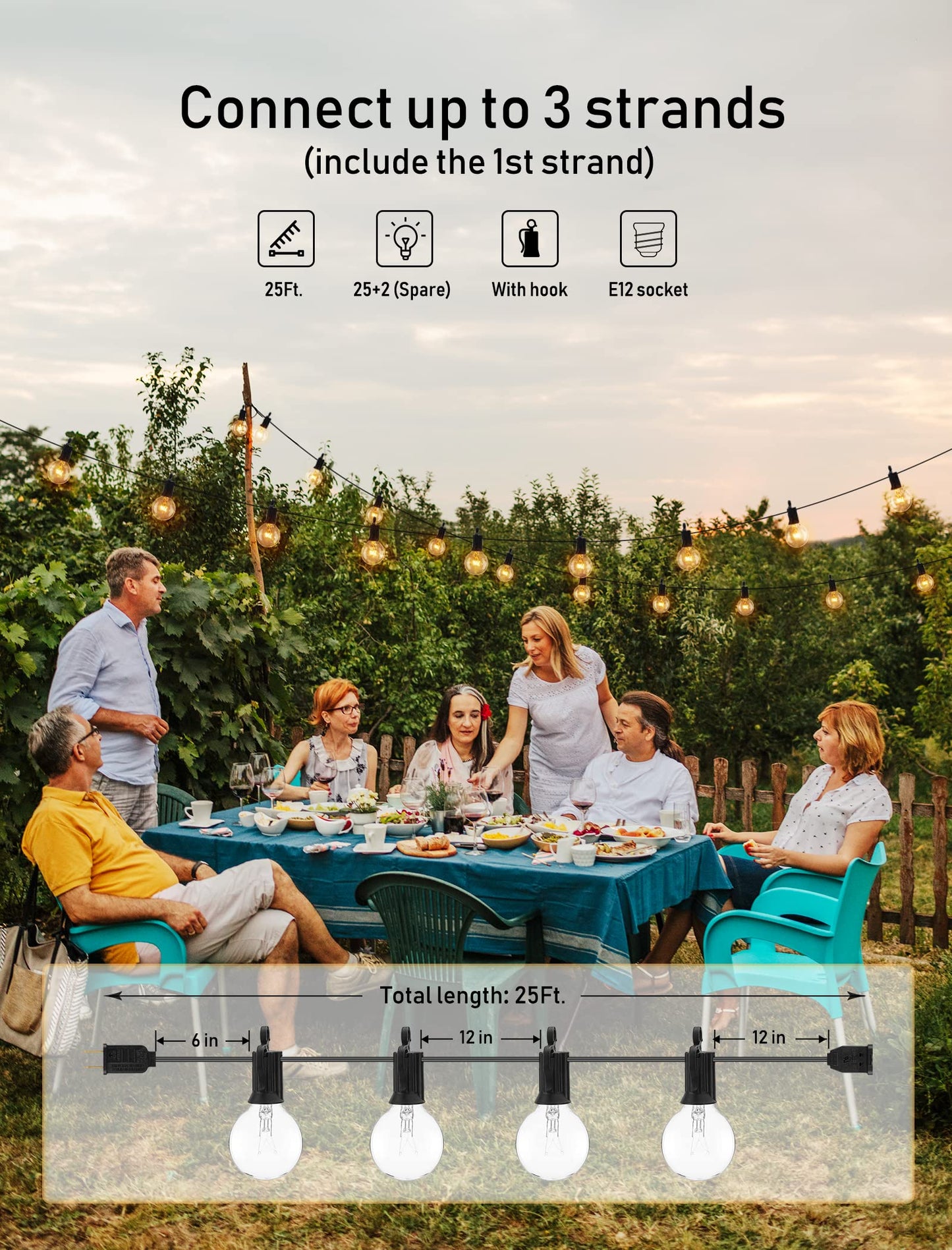 Outdoor String Lights 25 Feet G40 LED Patio Lights, Plug-in, 13 Plastic Edison Bulbs(1 Spare), Waterproof Connectable Hanging Light for Backyard Porch Balcony Party Decor, E12 Base, Black