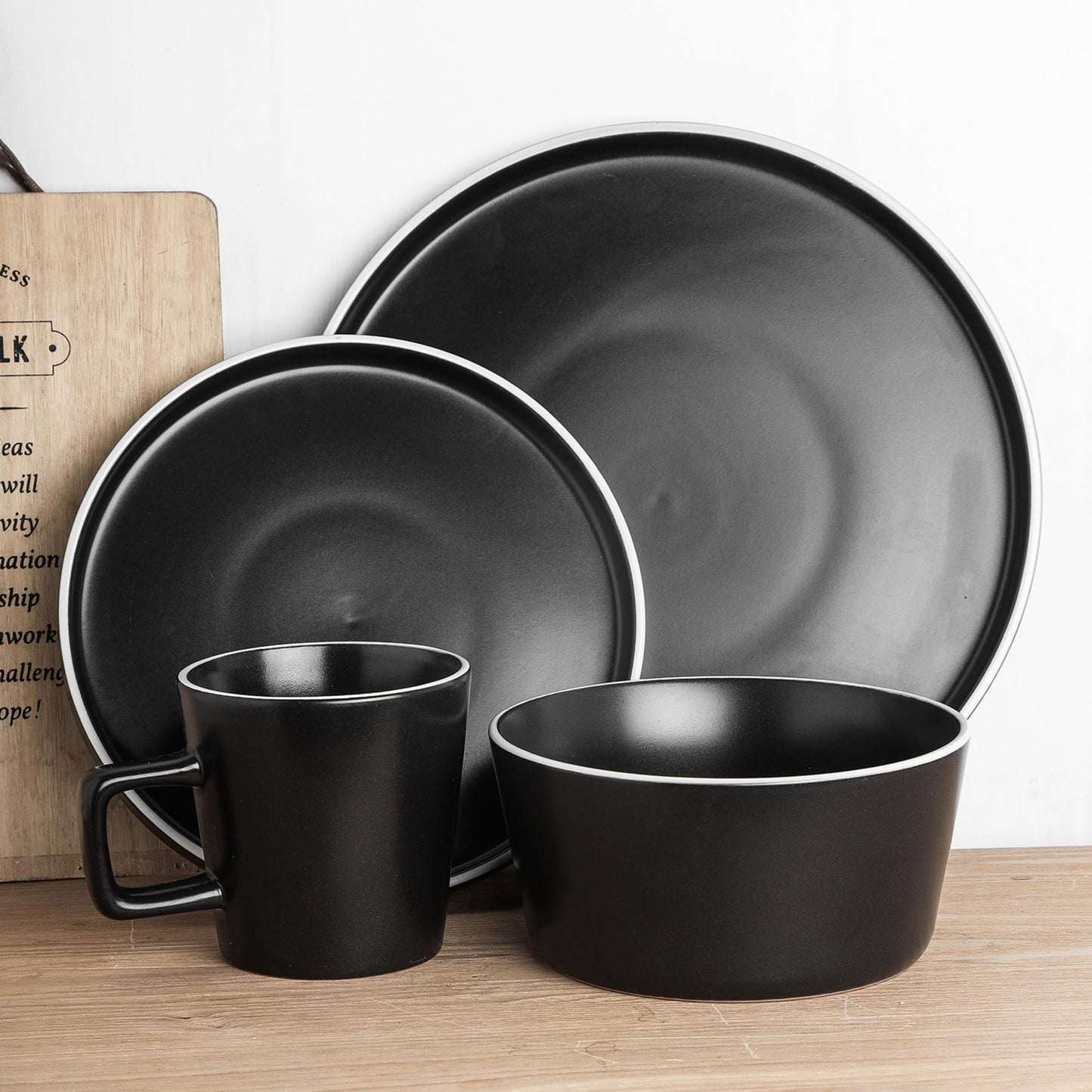 Stone Lain Celina Stoneware 16 Piece Dinnerware Set, Plates and Bowls, Black Matte Dish, Service for 4 – Minimalist Round Style, Microwave & Dishwasher Safe