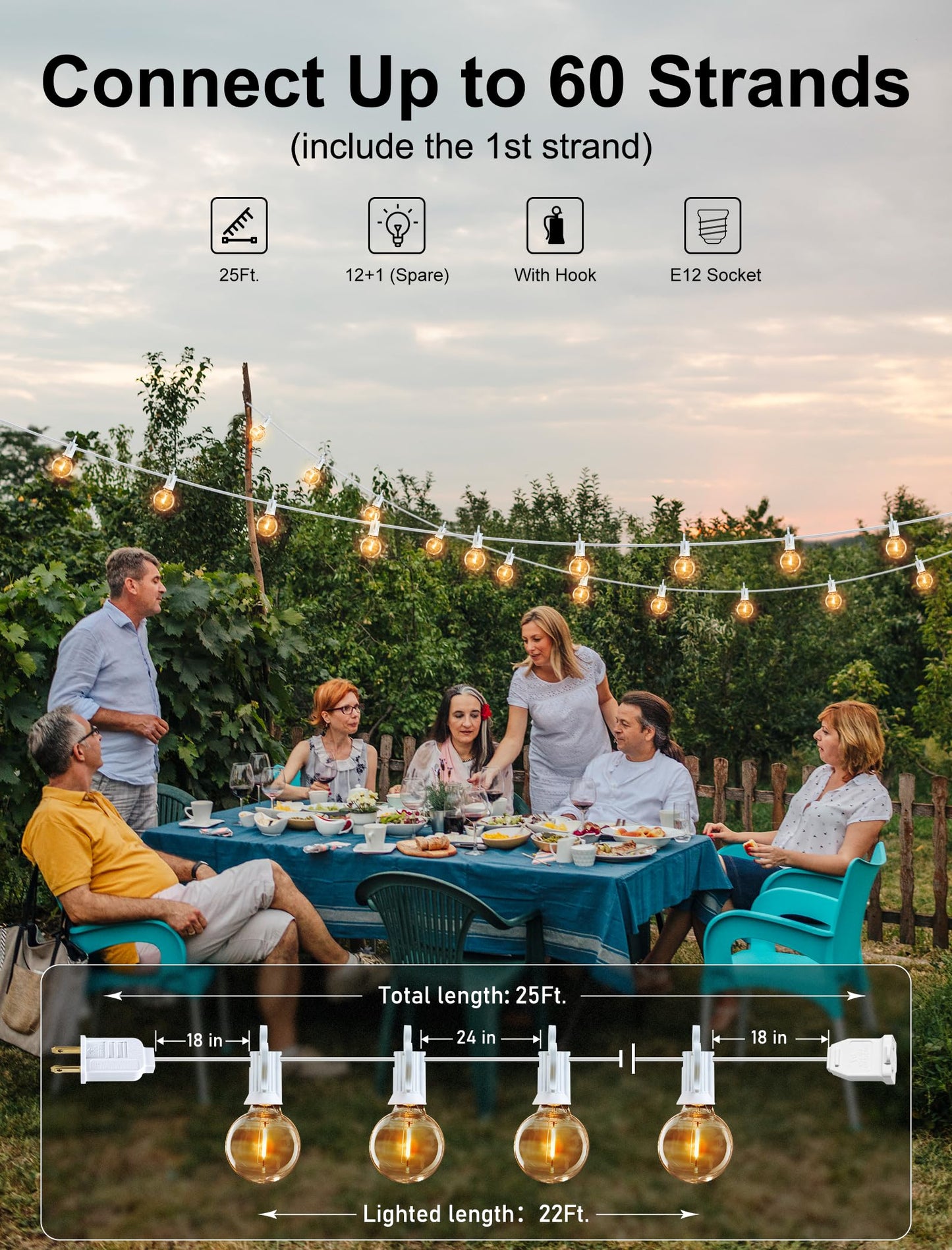 Outdoor String Lights 25 Feet G40 LED Patio Lights, Plug-in, 13 Plastic Edison Bulbs(1 Spare), Waterproof Connectable Hanging Light for Backyard Porch Balcony Party Decor, E12 Base, Black