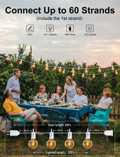 Outdoor String Lights 25 Feet G40 LED Patio Lights, Plug-in, 13 Plastic Edison Bulbs(1 Spare), Waterproof Connectable Hanging Light for Backyard Porch Balcony Party Decor, E12 Base, Black