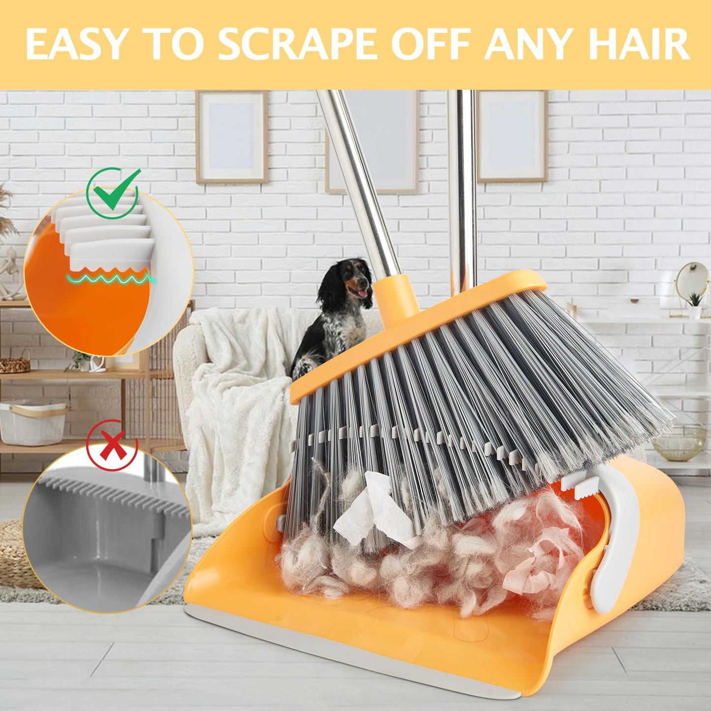 Broom and Dustpan Set with Long Handle, Light Weight Stainless Steel Poles Stand Upright Dustpans with Broom Combo for Home Kitchen Office Pet Dog Hair, Brown & Beige Color, 1-Pack