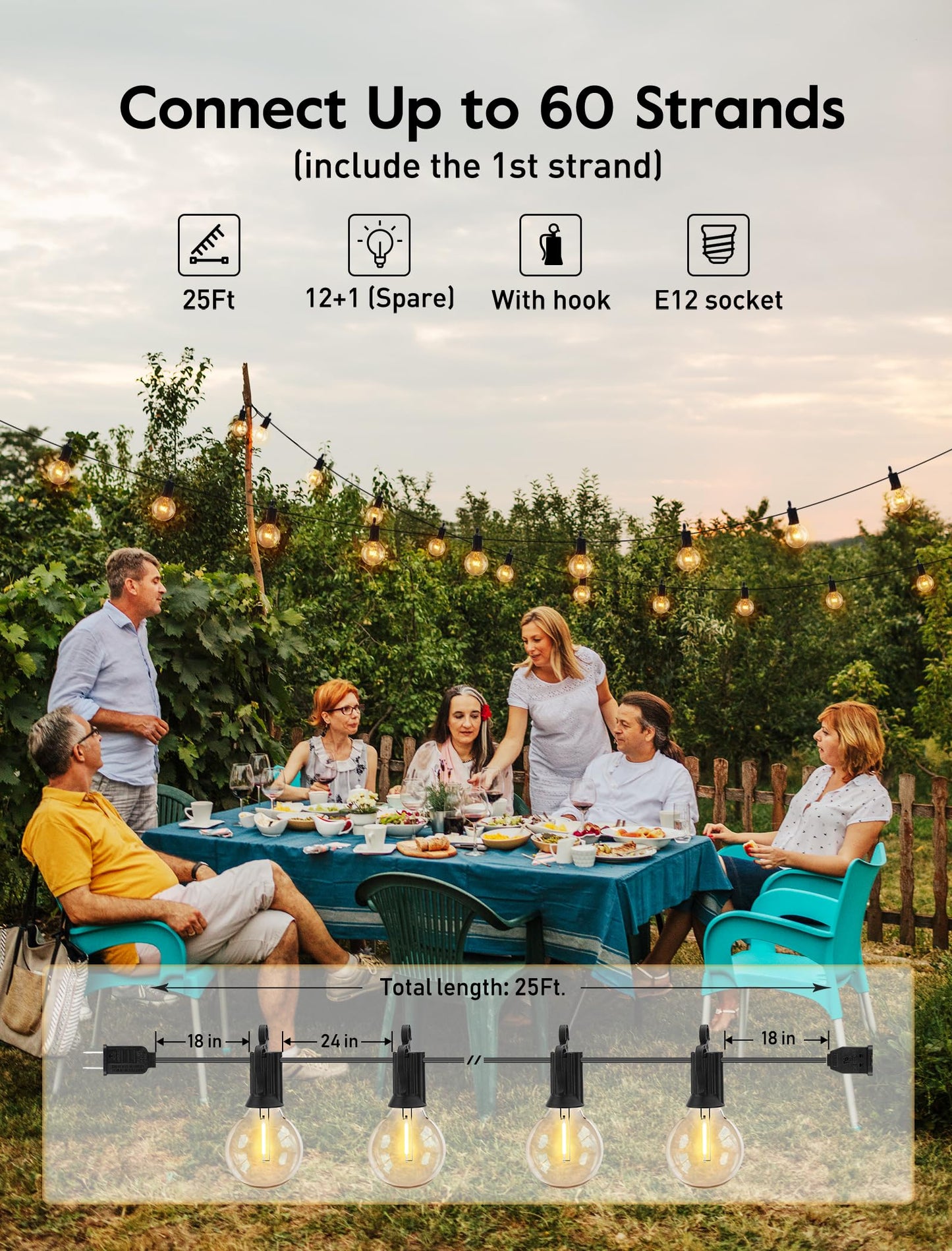 Outdoor String Lights 25 Feet G40 LED Patio Lights, Plug-in, 13 Plastic Edison Bulbs(1 Spare), Waterproof Connectable Hanging Light for Backyard Porch Balcony Party Decor, E12 Base, Black