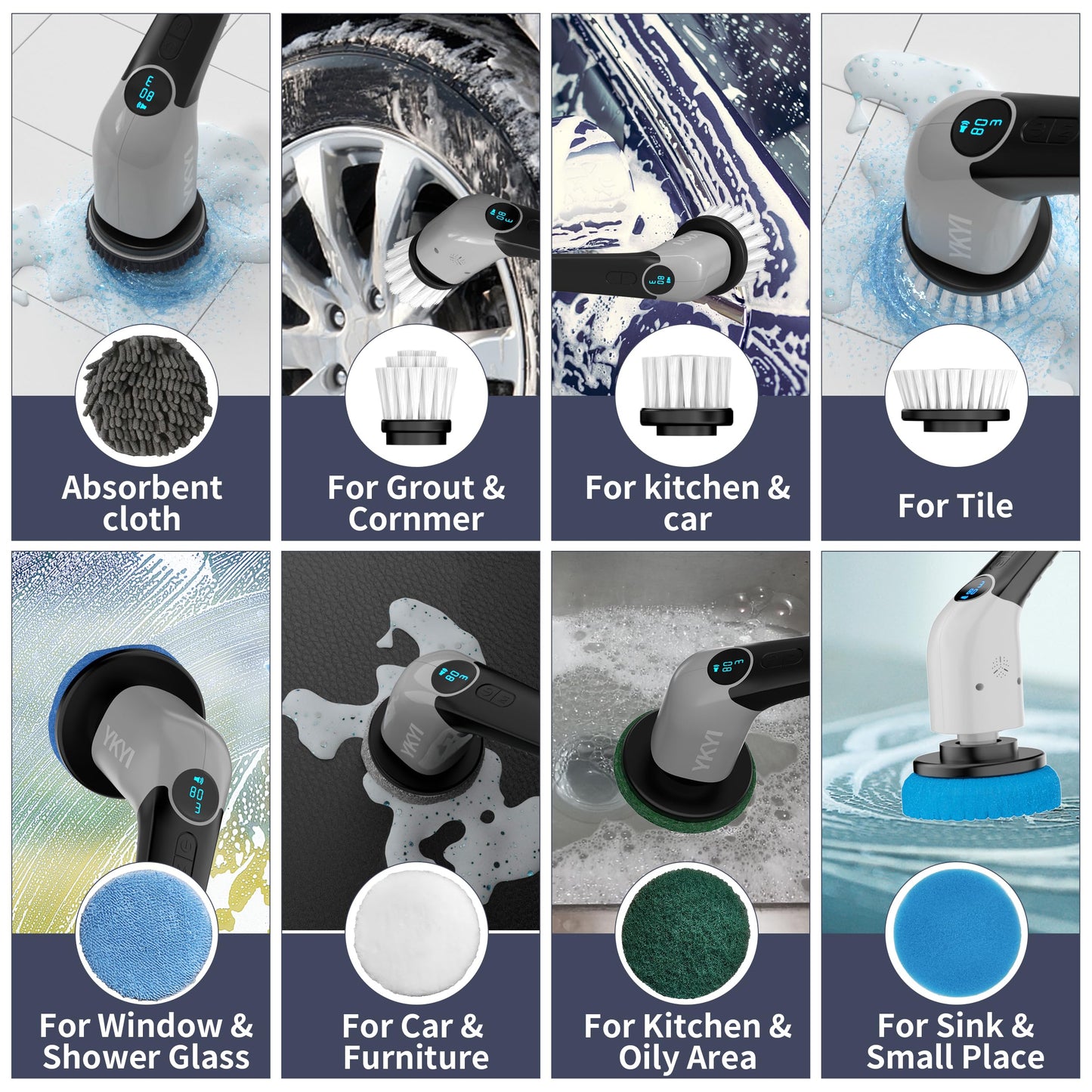 YKYI Electric Spin Scrubber,Cordless Cleaning Brush,Shower Cleaning Brush with 8 Replaceable Brush Heads, Power Scrubber 3 Adjustable Speeds,Adjustable & Detachable Long Handle,Voice Broadcast