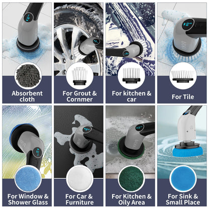 YKYI Electric Spin Scrubber,Cordless Cleaning Brush,Shower Cleaning Brush with 8 Replaceable Brush Heads, Power Scrubber 3 Adjustable Speeds,Adjustable & Detachable Long Handle,Voice Broadcast