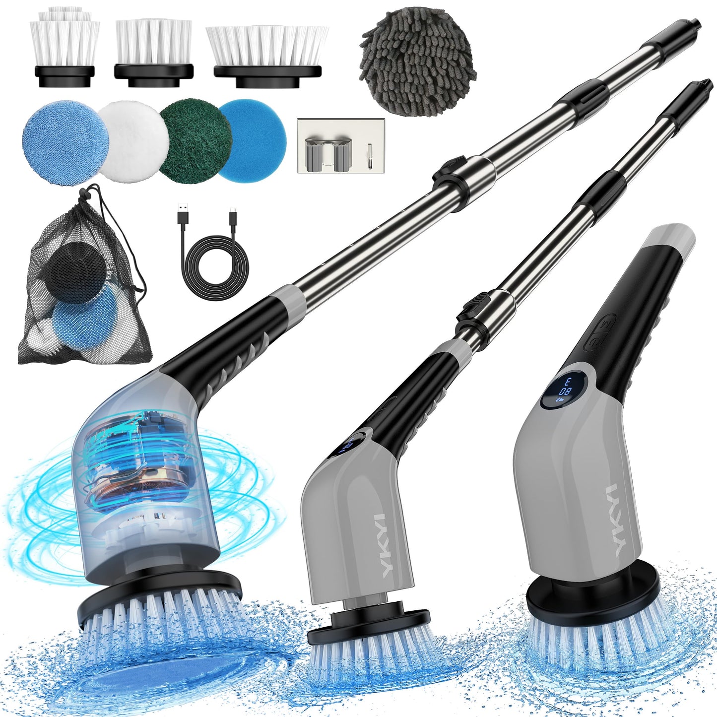 YKYI Electric Spin Scrubber,Cordless Cleaning Brush,Shower Cleaning Brush with 8 Replaceable Brush Heads, Power Scrubber 3 Adjustable Speeds,Adjustable & Detachable Long Handle,Voice Broadcast