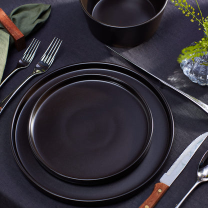 Stone Lain Celina Stoneware 16 Piece Dinnerware Set, Plates and Bowls, Black Matte Dish, Service for 4 – Minimalist Round Style, Microwave & Dishwasher Safe
